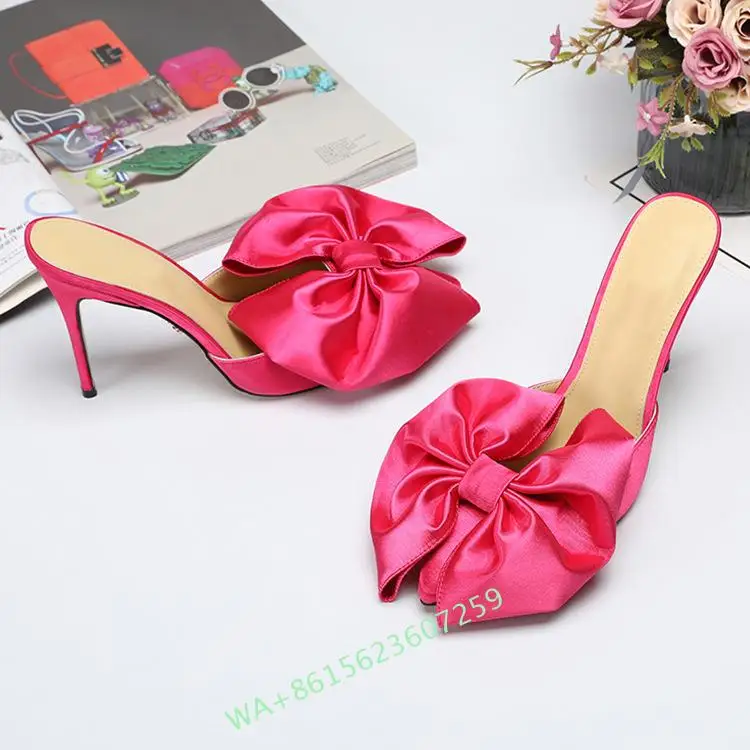 

2024 New Big Bow Peach Pink Silk High Heels Slipper Woman Stiletto Heels Peep Toe Butterfly Knot Femme Party Sandals Shoes