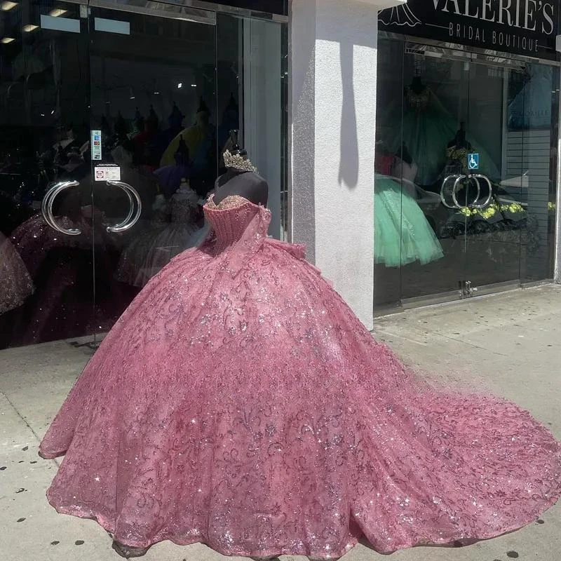 Blingling Sequin Tulle Quinceanera Dresses Pink Appliques Sweetheart Formal Dress 15 Year Old Floor Length فساتين السهرة