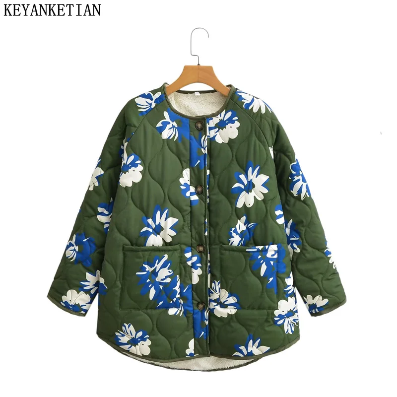 

KEYANKETIAN Winter New Women's Fresh Floral Printing Padded Fleece Quilted Jacket Crop Parkas Single Breasted Quilting Outerwear