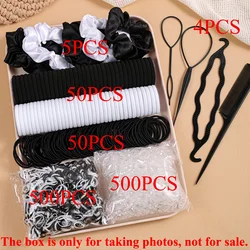 Women's Dark Hair Accessories Set - Elastic Ponytail Scrunchies, Fashion Head Ties & Rubber Bands (1109 pcs) (Black white)