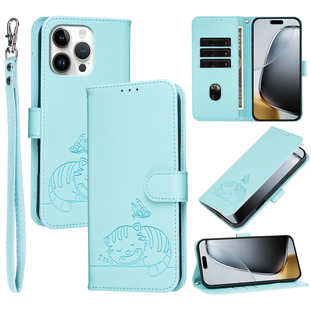 Cartoon Cat Flip Case with Leather Lanyard and 3-Card Wallet Cover