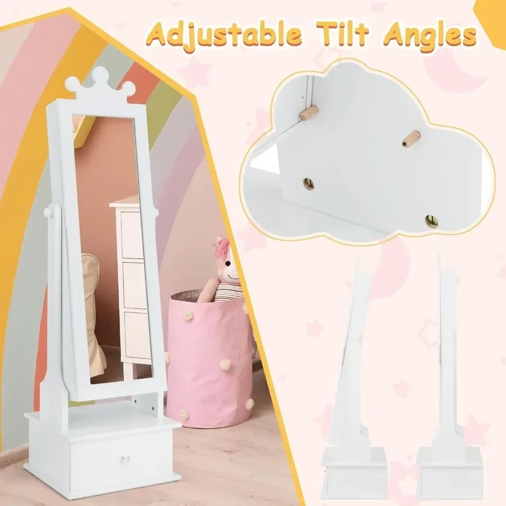 Kids Jewelry Armoire Cabinet, 2-Angle Tilting Wooden Standing Jewelry Organizer with Full-length Mirror and Storage Drawers 3