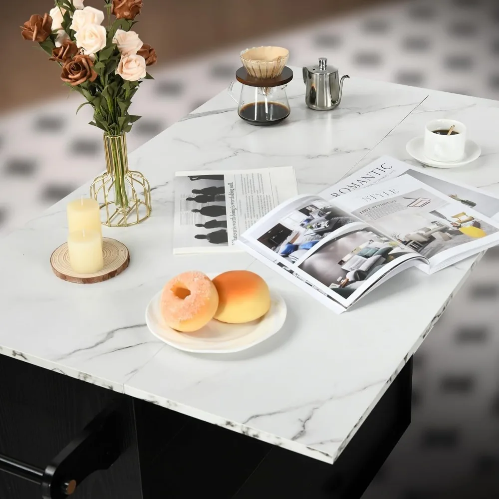 Kitchen Island with Storage, White Marble Tabletop, Rolling Kitchen Island Cart on Wheels Table for Black
