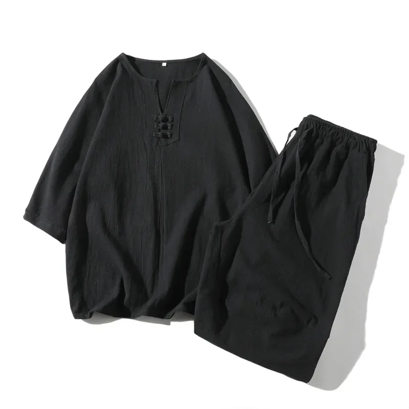 Japanese Style Kimono Short-Sleeved T-shirt Pants Two Piece Men Tops Trousers Suits Male Japan Harajuku Yukata Cardigan Costume