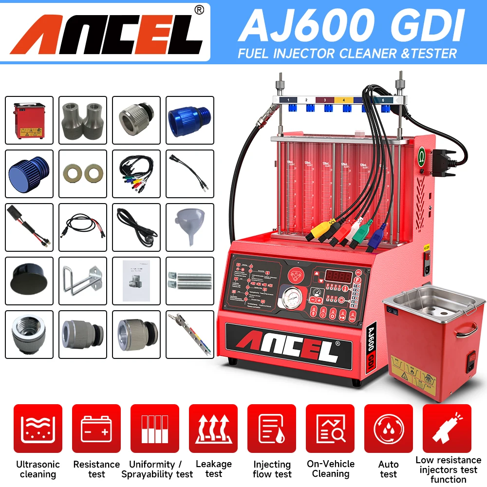 

ANCEL AJ600 GDI Fuel Injector Cleaner Tester for Gasoline Injector Washing Stand Car 6 Cylinders 110V & 220V Fuel System Cleaner