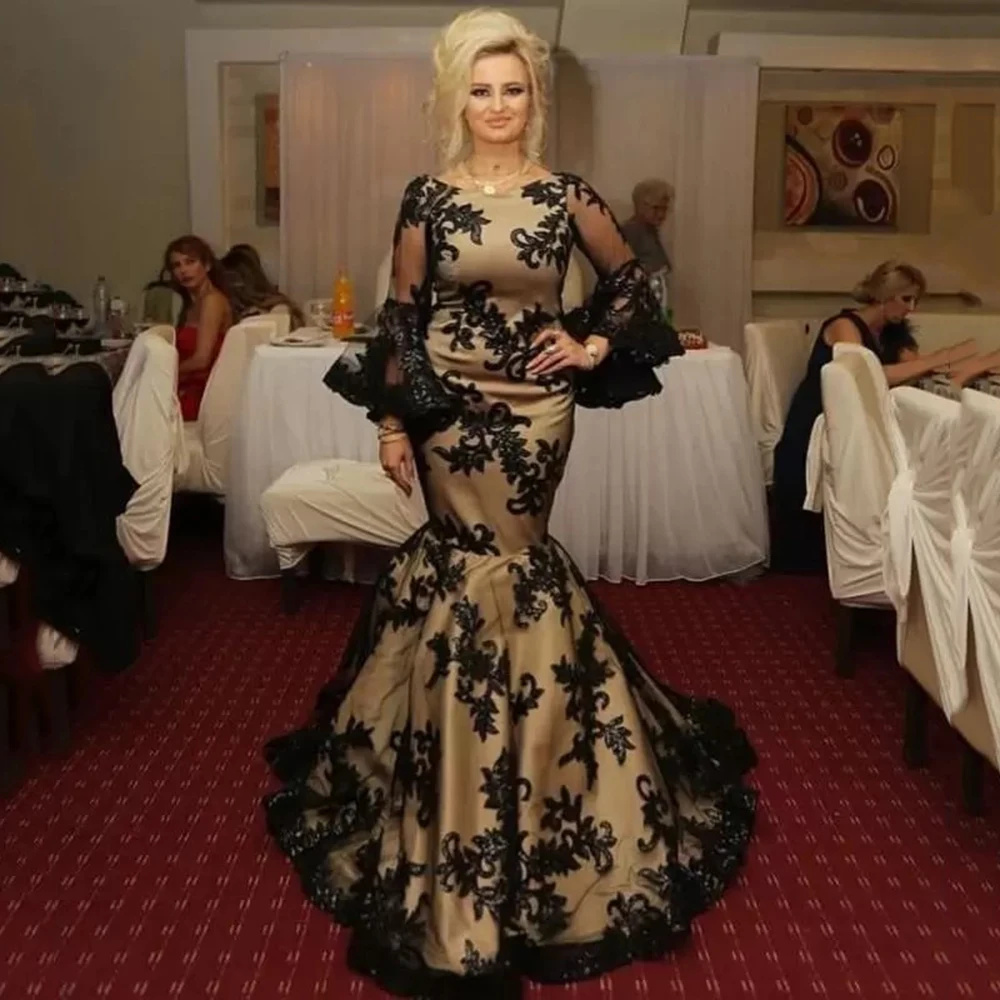 

Msikoods Gothic Champagne Mermaid Evening Dresses With Black Lace Long Bell Sleeves Formal Prom Gowns Vintage Wedding Party