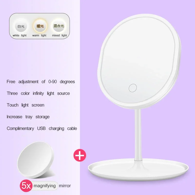 탁상용 메이크업 거울, 5x 확대 화장품 거울, 3 LED 조명, 색상 조절 가능, 화장대 거울, 분리형, 보관, 충전식
