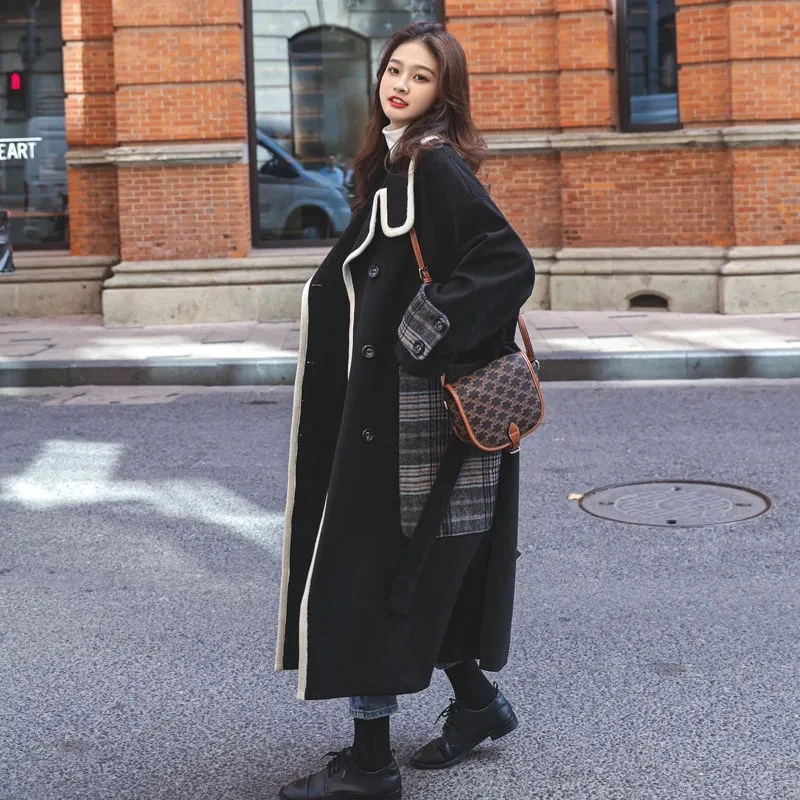 

Fat M Temperament Color Matching Design Feeling Woolen Coat Women's 2023 Winter New Loose Long Knee Thick Woolen Coat Commuter