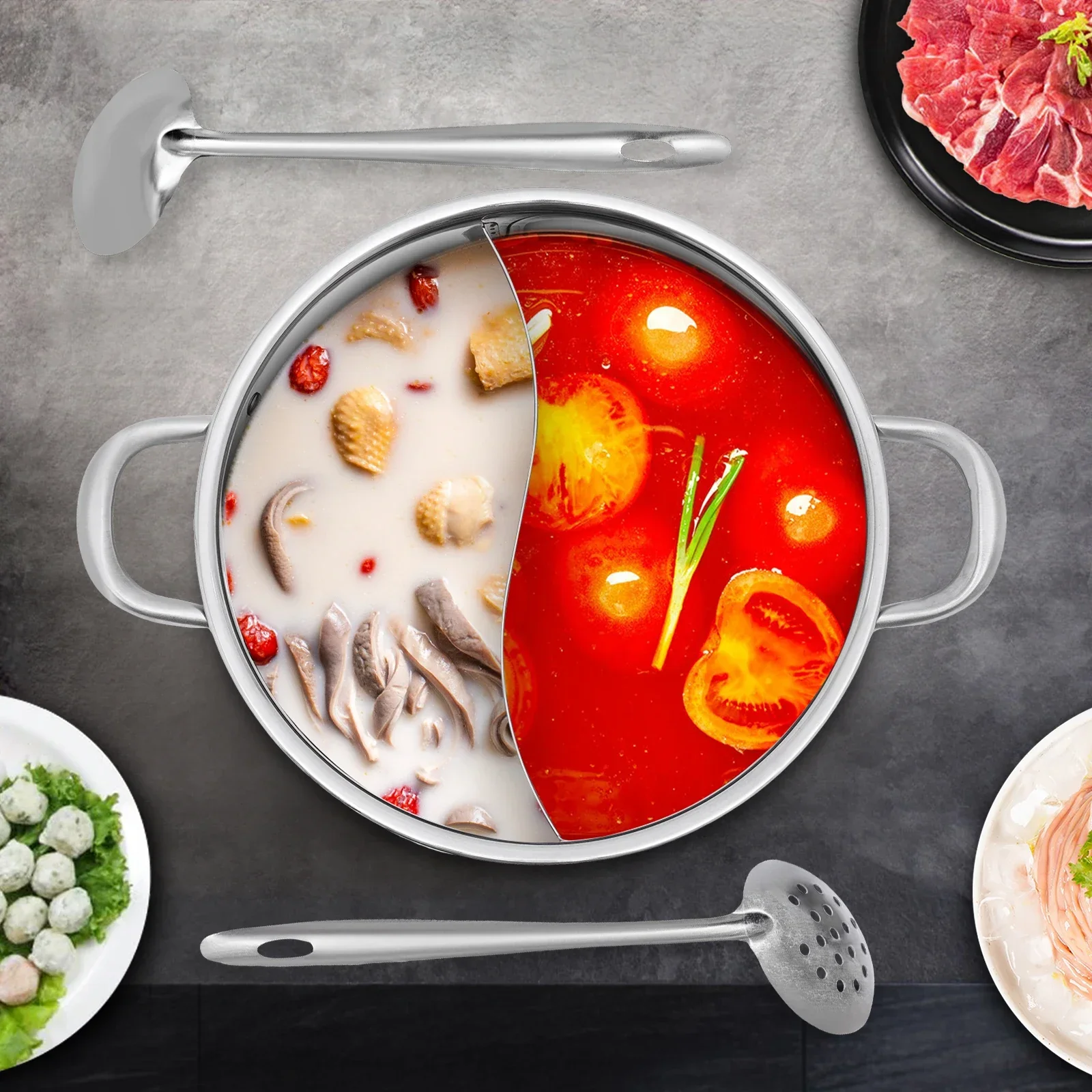 Silberner Großraum-Edelstahl-Hotpot mit Trennwand und Glasdeckel, Löffel/Sieblöffel, 32cm Doppel-Geschmacks-Hotpot – Detail 2