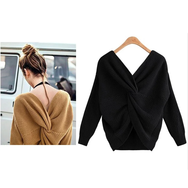 

V Neck Twisted Back Sweater for Women Criss Cross Backless Long Batwing Sleeve V Neck Twisted Back Sweater for Women SAL99