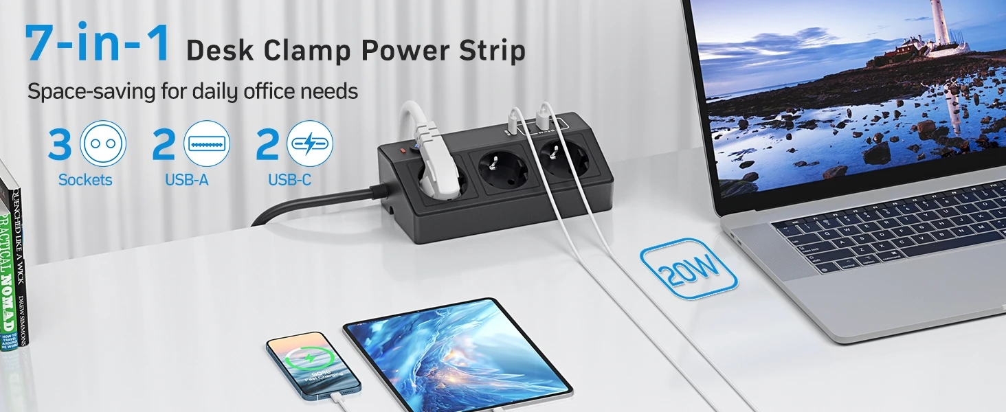 Description Picture 3 of itemEuro specification desktop USB-C PD 20W socket with 3 sockets and 4 USB ports, 2 meter cable for home offices