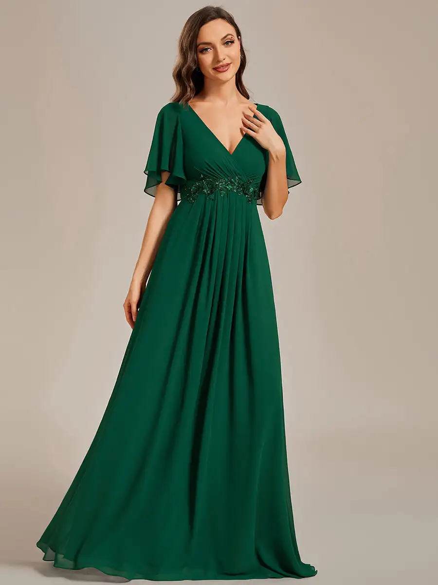 Elegant Evening Dress V Neck Appliques Pleated Floor-Length 2024 Ever Pretty of Lace applique Dark Green Bridesmaid Dress