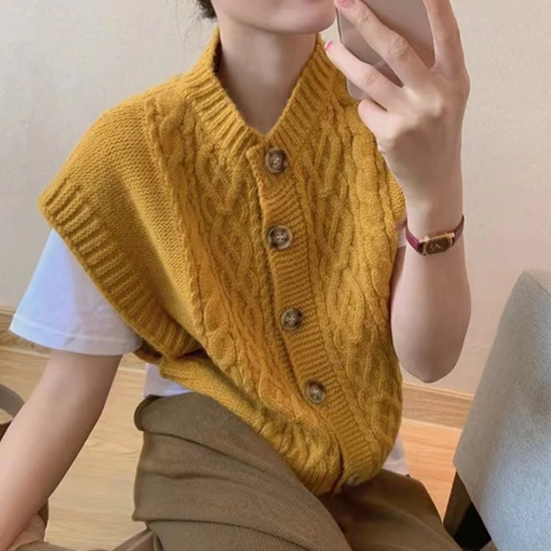 

2023 Autumn Wool Knitted Cardigan Vest Women Warm O Neck Sleeveless Cardigans Sweater Woman Solid Winter Vintage Knitwears 28277