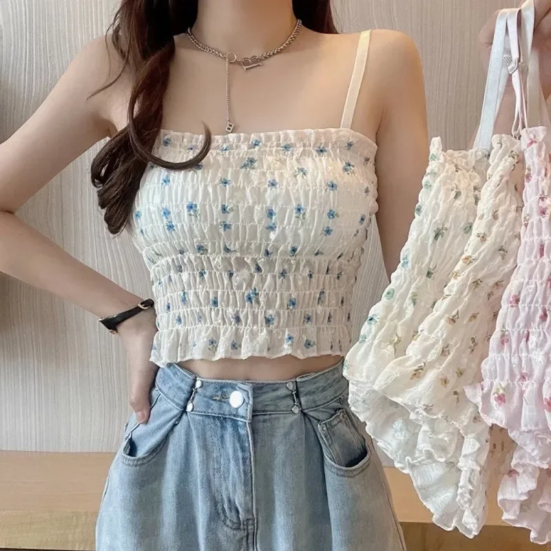 

2024 Summer Sweet Floral Corset Vest Office Lady Beach Style Sleeveless Blouse Women Vintage Lace Slim Crop Top Korean Fashion