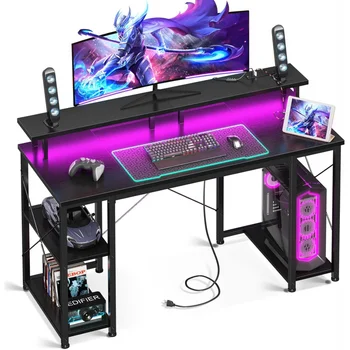48 Inch Game Table Belt LED Lamp and Power Socket,Computer Desk with Monitor Stand and Storage Knife,CPU Bracket,Home Desk,Black 1