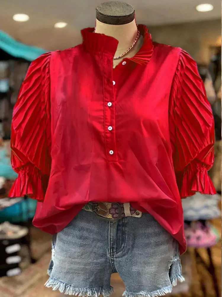 Cotton Pleated Sleeves Paneled Casual Blouse Women Chiffon Blouses