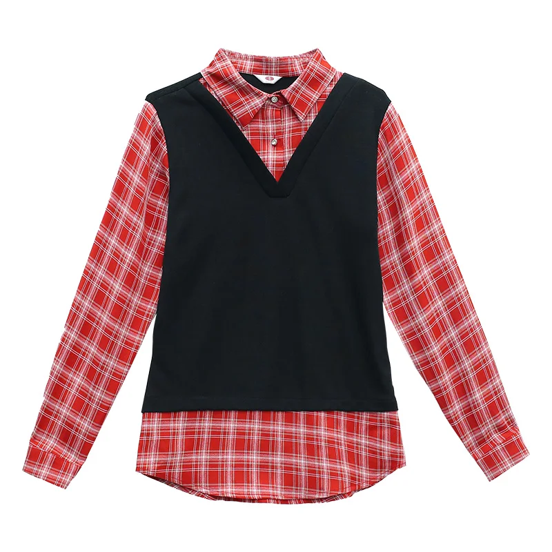 New Women'S Spring And Autumn Fashion Fake Two Piece Shirt Plaid Panel Long Sleeve Lapel Neck Temperament Underlay Shirt Female men s 2023 autumn winter thickened fake two piece sweater men s trend casual polo collar underlay knitted youth vintage sweater