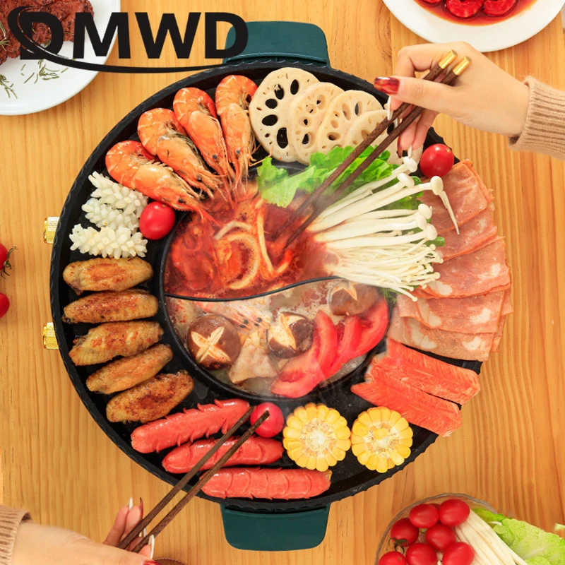 DMWD Electric Hot Pot Home Multi-function All-In-One Barbecue Machine Grill Shabu Frying Pan Smokeless Roasting Hotpot 3