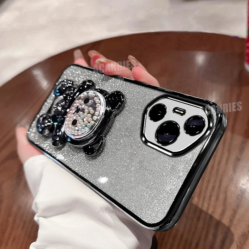 Cute Bear Holder Plating Silicone Case - Soft Shockproof Protective Stand Cover