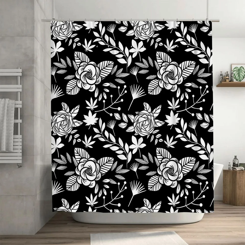 Black White Floral Shower Curtain Fabric Decor for Bathroom Extra Long Size Customize Option Available 3