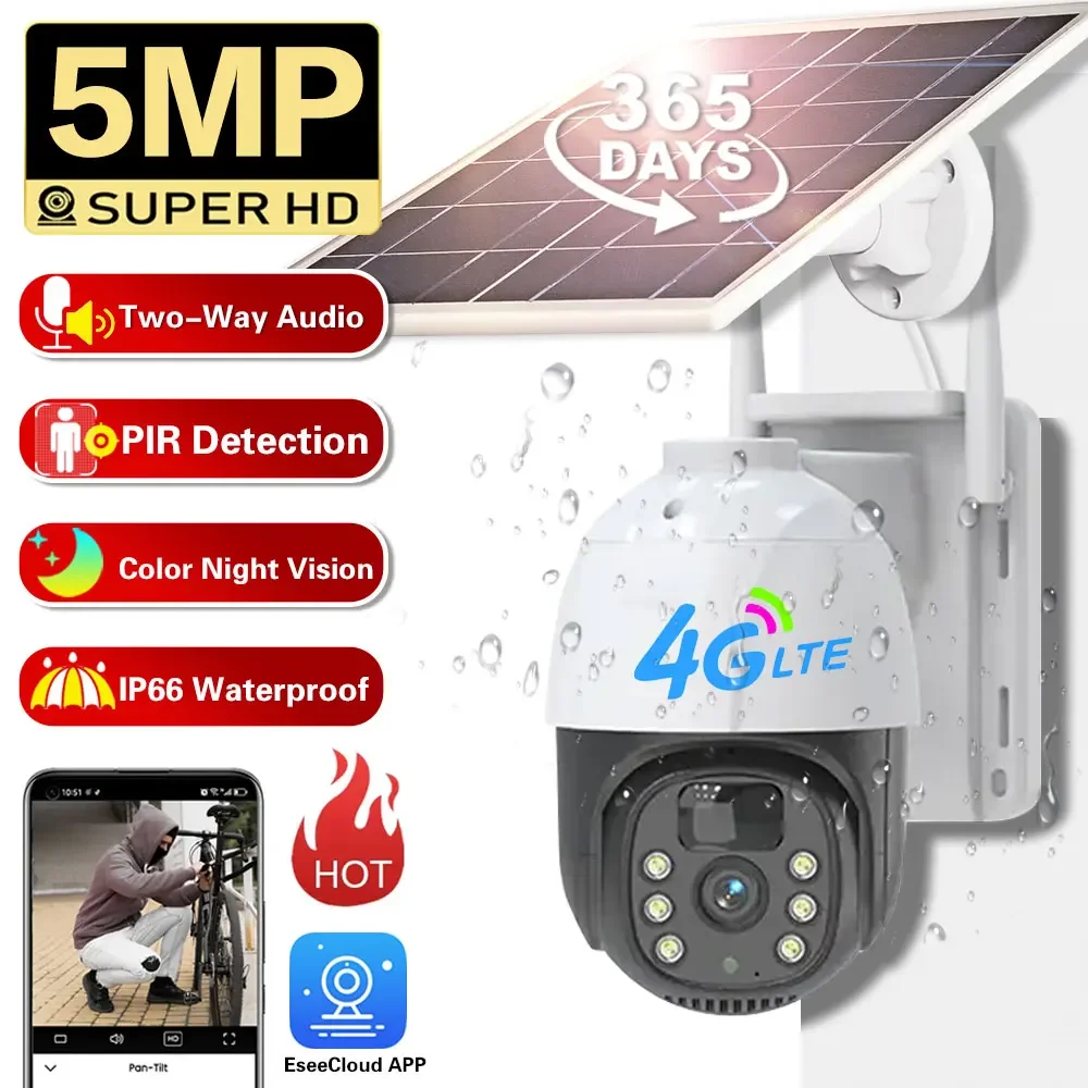Hd 4G Solar Wifi Ptz Camera 5Mp Outdoor Ip66 Impermeabile Pir Detection Auto Tracking Wireless Cctv Telecamera Di Sorveglianza Di Sicurezza