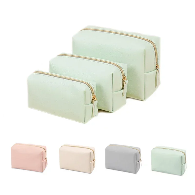 Saashi Women Cosmetic Bag Waterproof PU Leather Solid Color Makeup Pouch Travel.