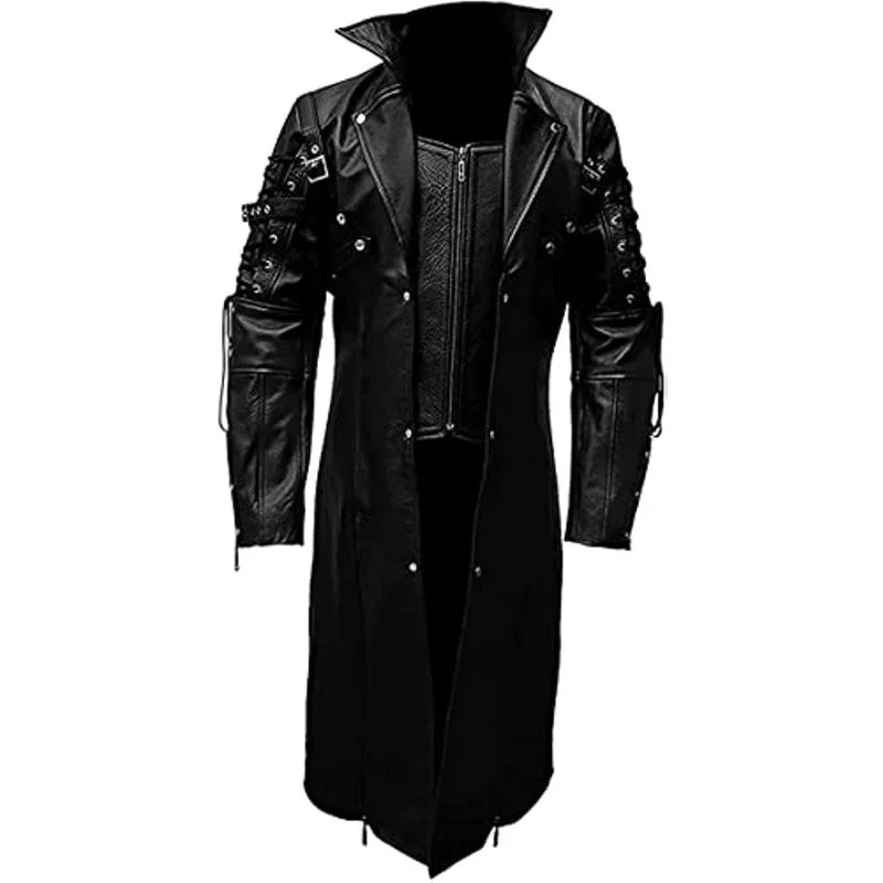 Mens Real Gothic Leather Trench Coat Steampunk Goth Leather Jacket Halloween Costume