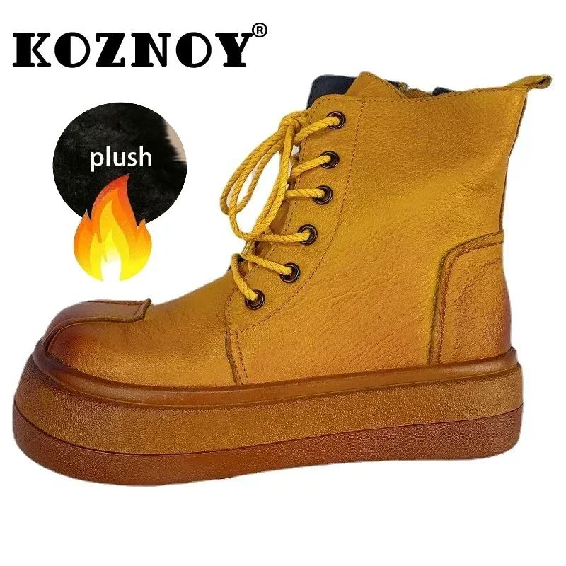 

Koznoy Women Boot for Winter 2023 4cm Ankle Mid Calf Cow Genuine Leather Plush Warm Booties Moccasins Ethnic Comfy Big Toe Shoes