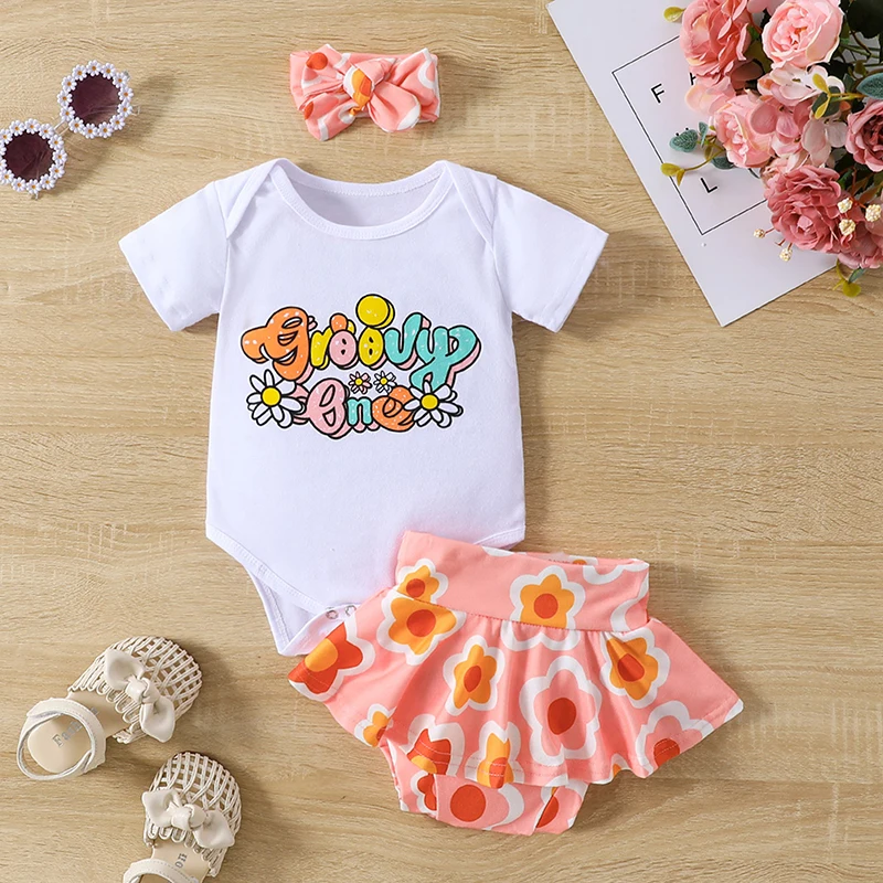 

Suefunskry Baby Girls Shorts Outfits Letter Print Short Sleeve Romper with Floral Skirt Shorts and Heaband 3Pcs Summer Set