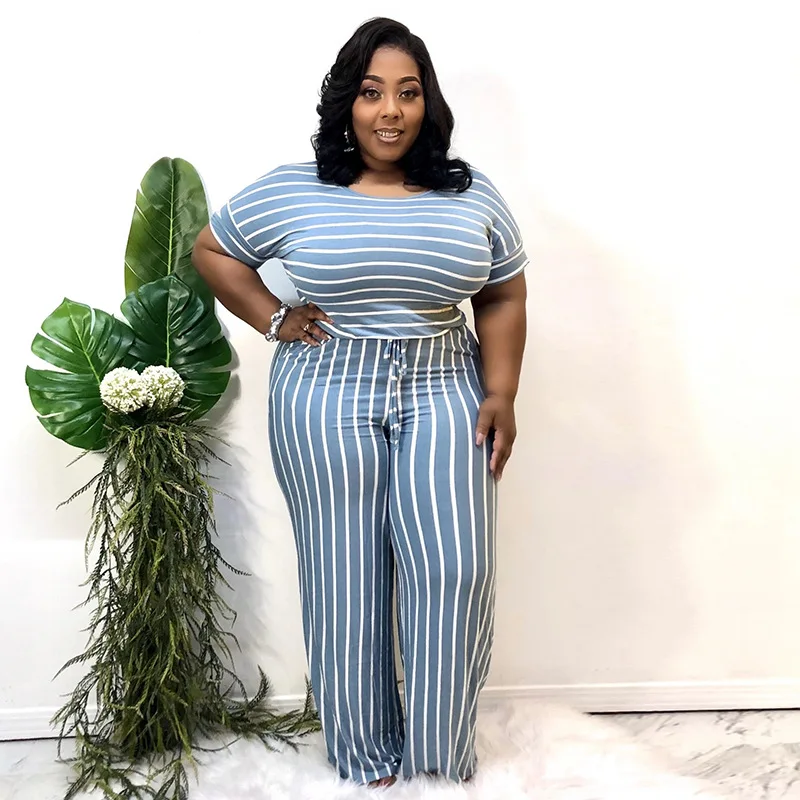 Plus Size Women Jumpsuit Summer Striped One Piece Outfit 2022 Fashion Loose Wide Leg Pant Lady Tracksuit Sexy Clothing