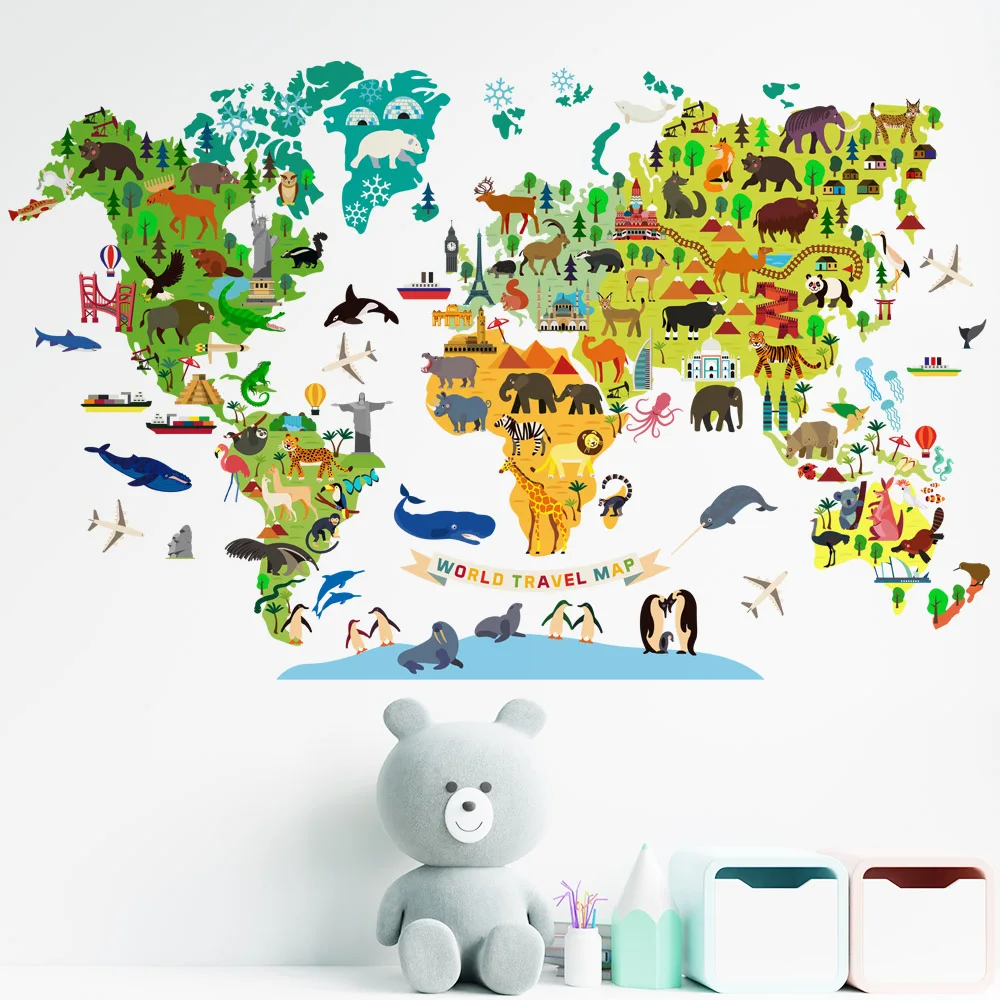 World Travel Map Block Wall Stickers for Display Window Nursery Study Room