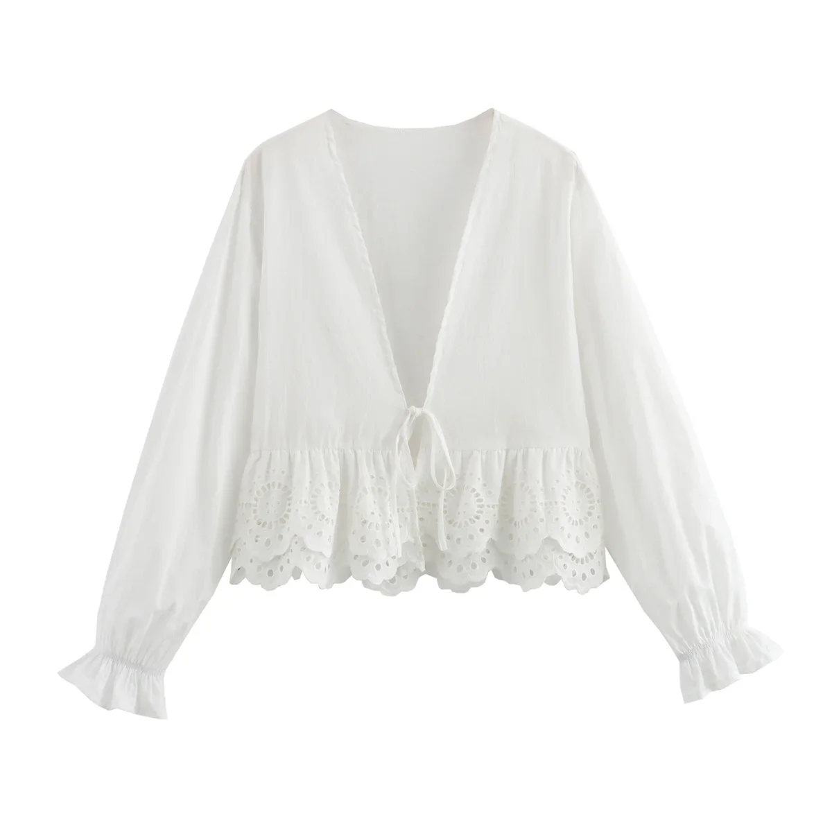 

Women's new fashion embroidery decoration short casual V Neck women's shirt retro long sleeved lace up women's shirt Chic top