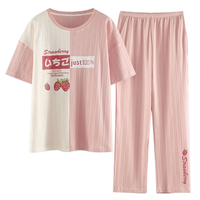 Women Pajama 2 Pcs Sets Cotton T-shirt Elastic Waist Ankle Length Pants Cartoon Plaid Sweet Home Clothes Can wear Outside