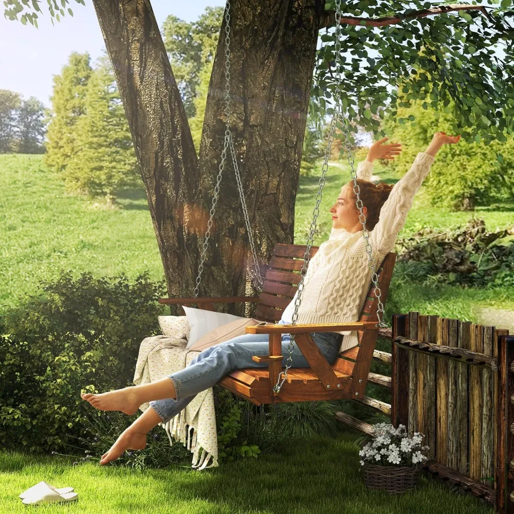 Upgraded Wooden Porch Swing 3-Seater, 5 FT Outdoor Patio Swing Bench with Cupholders, Hanging Chains, Swing Chair Bench 2