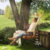 Upgraded Wooden Porch Swing 3-Seater, 5 FT Outdoor Patio Swing Bench with Cupholders, Hanging Chains, Swing Chair Bench 2