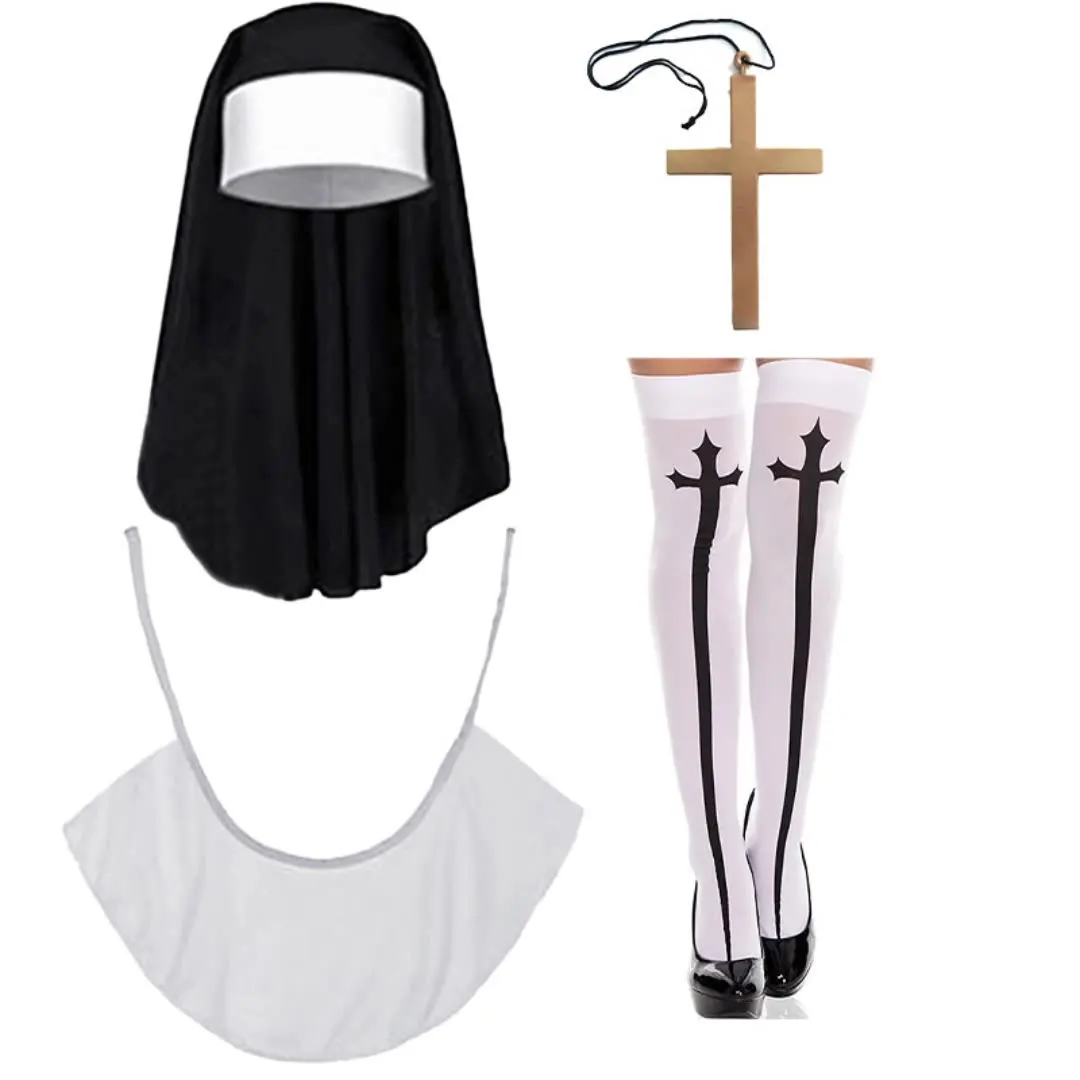 PESENAR Halloween Cosplay Nun Character Suit Cross Stockings Set Decoration Nun's Headscarves Holiday Costume