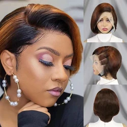 Short Pixie Cut Wig Straight Hair Wigs for Black Women Ombre Gold Blonde Full Lace Straight Wig Human Hair 13x4 Lace Frontal Wig