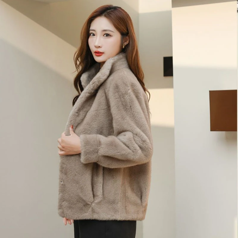 Artificial Mink-Fur Parkas for Women, Short Imitation Fur, Casual Outwear, Thick Warm, Stand Collar, Middle-Aged Women, New