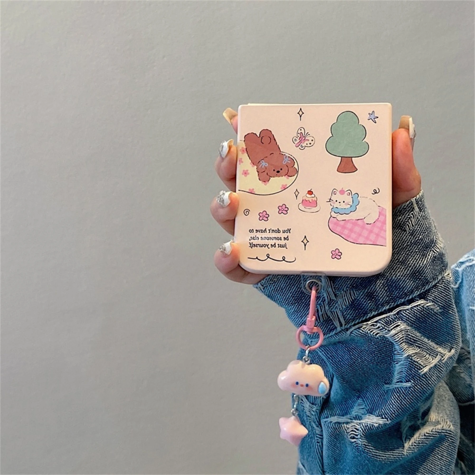 Korean Cute Tree Kitty Puppy Cake Phone Case with Pink Cloud Pendant