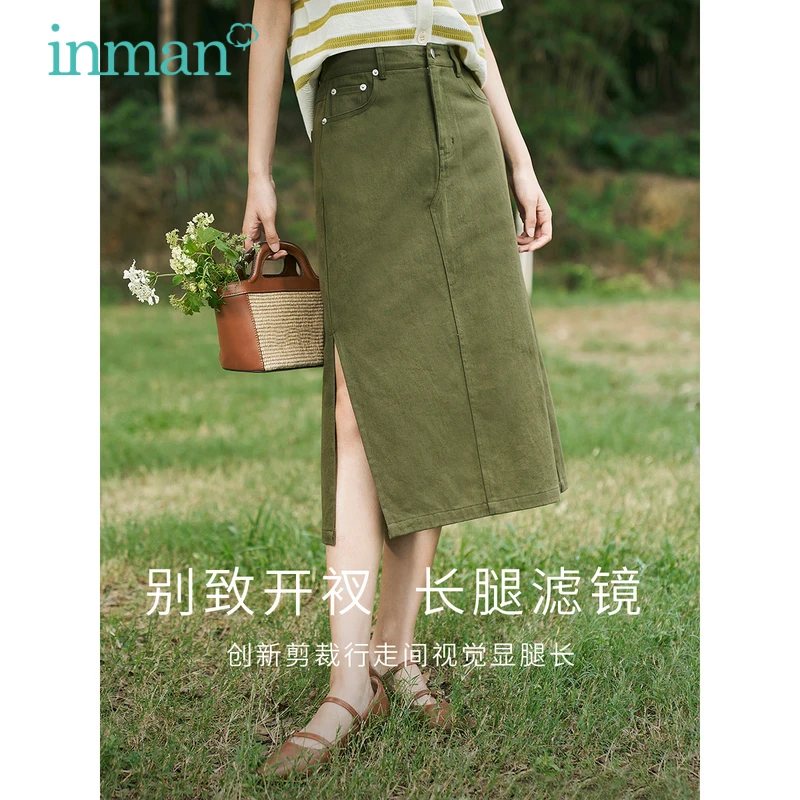 

INMAN Women Denim Skirt 2023 Summer High Waist A-shaped Slim Split Hem Casual Minimalist Versatile Military Green Khaki Skirt