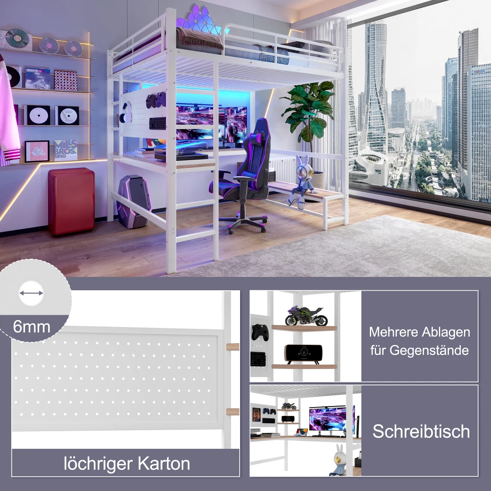 90 x 200 cm großes Hochbett, Eisenrahmen, Schreibtisch, Geländer, Rolltreppe, mit USB+Typ-C-Buchse und LED-Leiste, mit perforiertem Brett, ohne Matratze – Detail 29