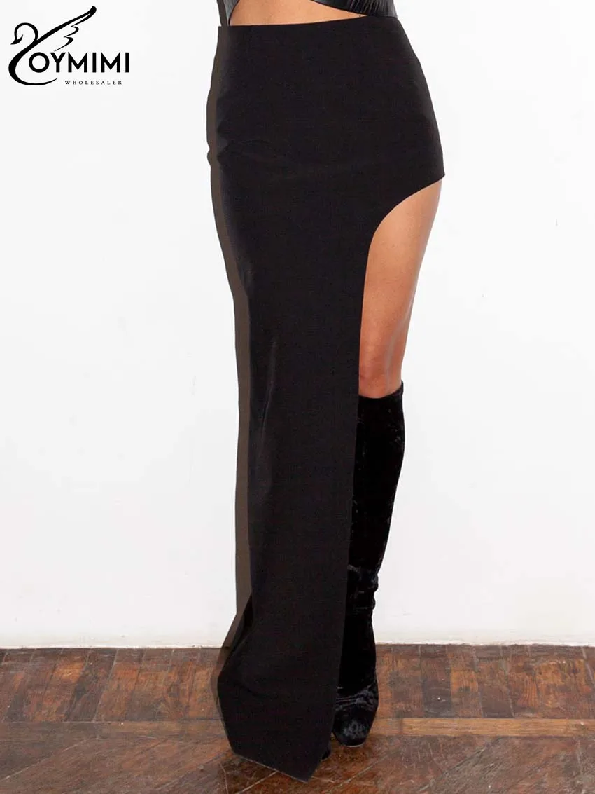 Oymimi Fashion Black Zipper Skirts For Woman Elegant High Wiasted Floor-Length Skirts Casual Side Slit Asymmetrical Skirt Female