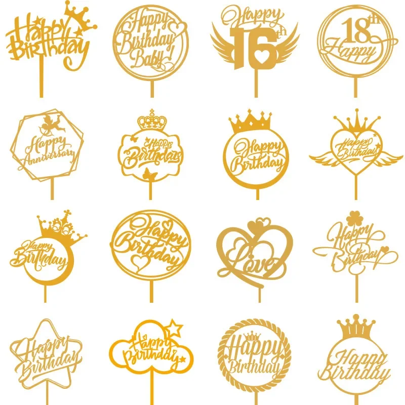 

Multiple Styles Happy Birthday Cake Topper Golden Acrylic Cake Decor Girl Boy Kid's Baby Shower Party Cake Decorations Supplies