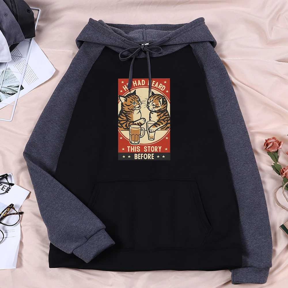 

Cute Cat Drink Beer Printprint Mans Hooded Simple Full Sleeve Sportswear Autumn Shoulder Drop Pullover Street Soft Male Clothes