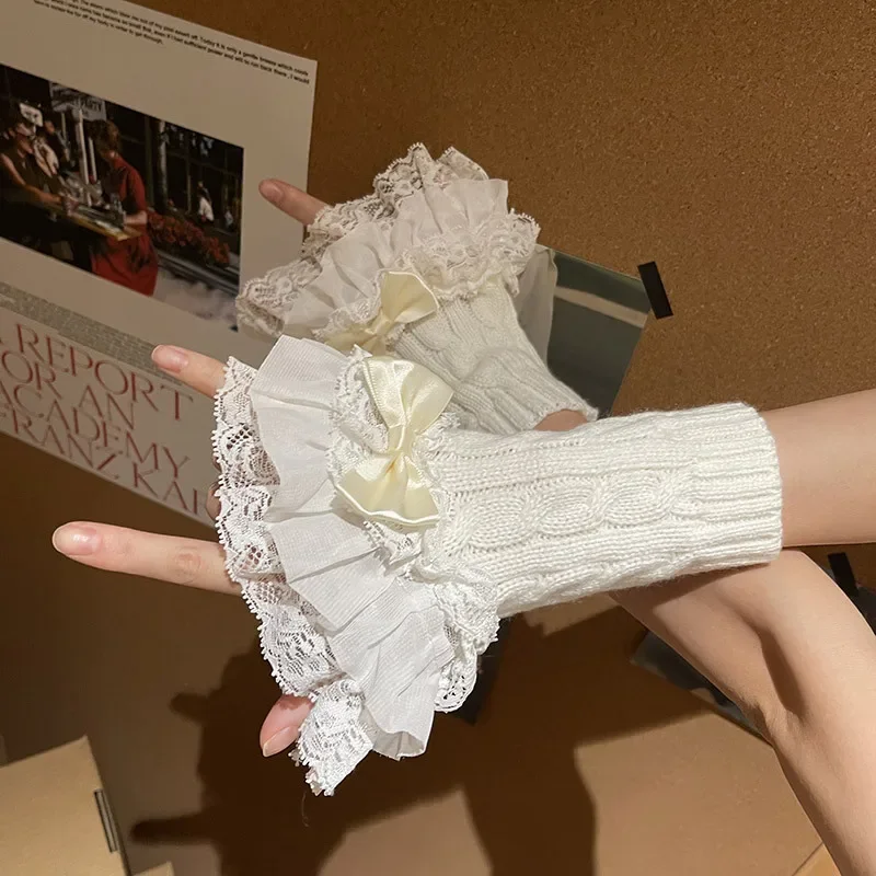 Lolita Lace Bowknot Gloves Y2K Fingerless Gothic Winter Warm Sunscreen Sleeve False Sleeve Gloves Women JK Clothing Accessories
