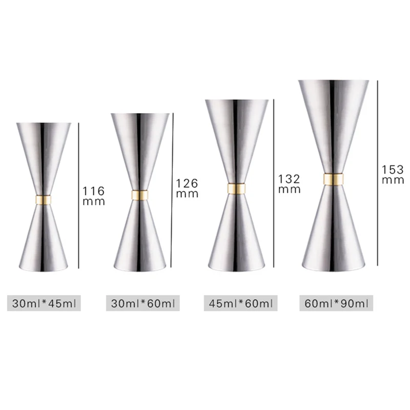 Assorted stainless steel cocktail jiggers for precise drink measurement in different sizes and finishes
