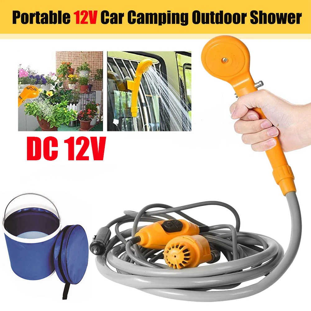 

Camping Shower with 13L Water Bucket 12V Pump Hiking Travel Outdoor Electric Bath Show Plant Watering Car Washer Pet Cleaning