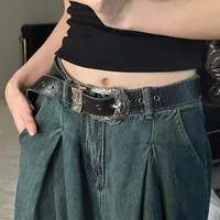Y2k – ceinture rétro en cuir PU, polyvalente, de luxe, à boucle ardillon, avec boucle gravée en métal, pour jean, unisexe 3