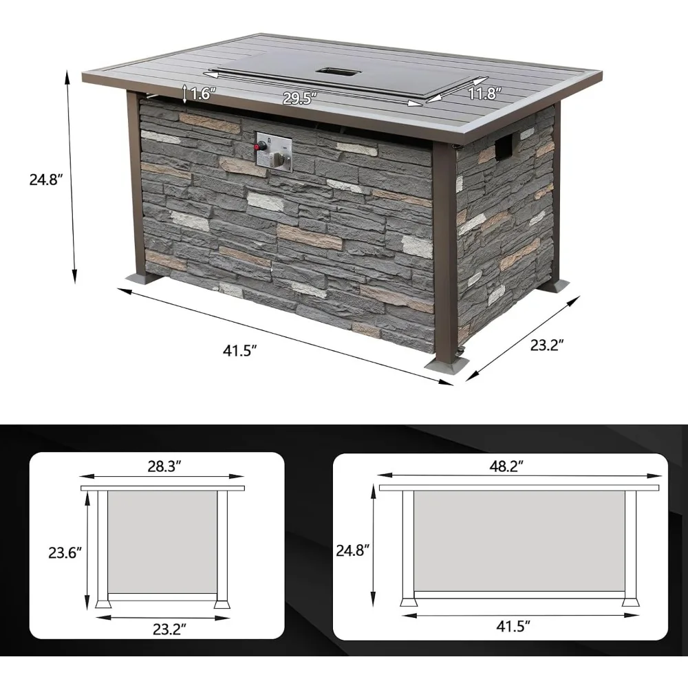 48 INCH Propane Fire Pit Outdoor Fire Table w/Faux Ledgestone Base, 50,000 BTU Gas Pit Table w/Aluminum Top,