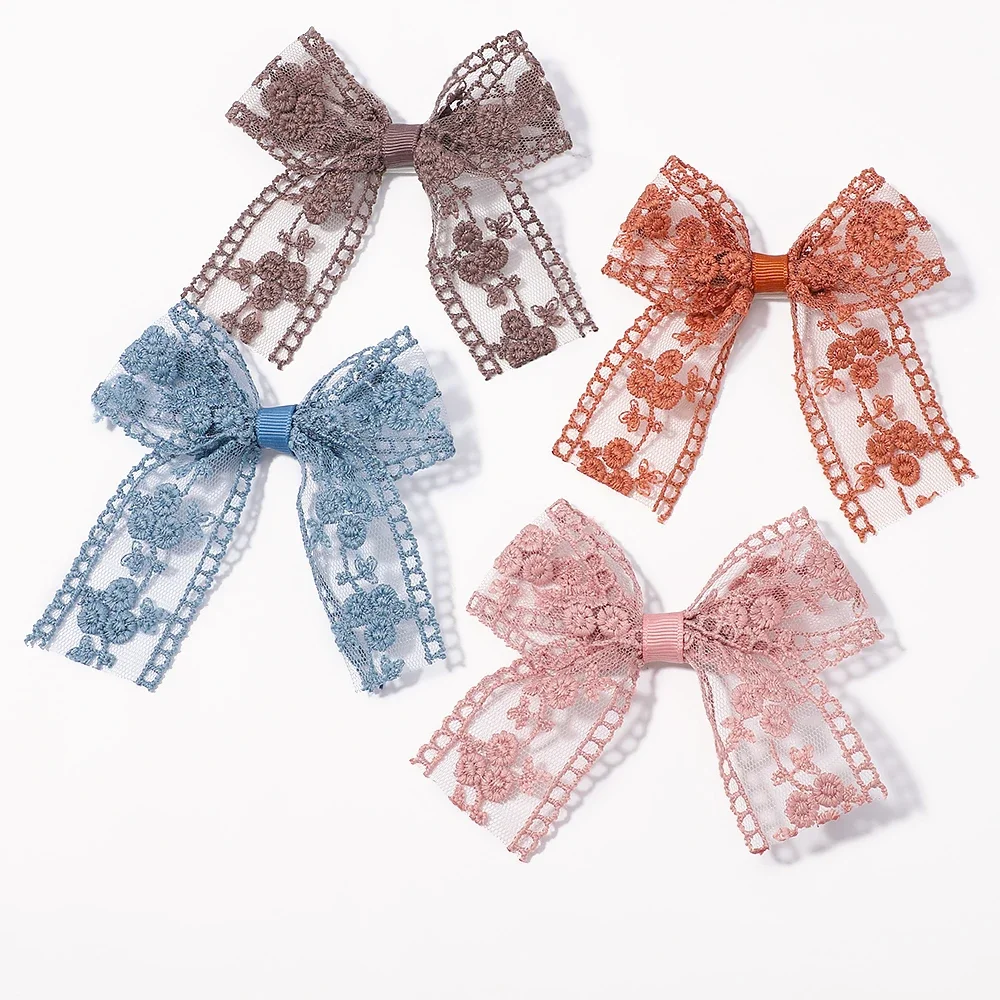 

2pcs/set 4.7inch Lace Embroidery Bow Hair Clip Solid HairPins Sweet Cheer Bows Clip Girls Kids Princess Baby Hair Accessories